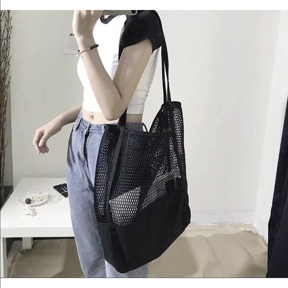 Mesh bag tote shopping grocery bag shoulder bag Black canvas - Picture 3 of 3